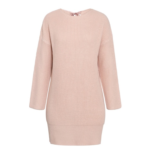 Keyhole Back Tie Pink Sweater Dress - Picture 11 of 16